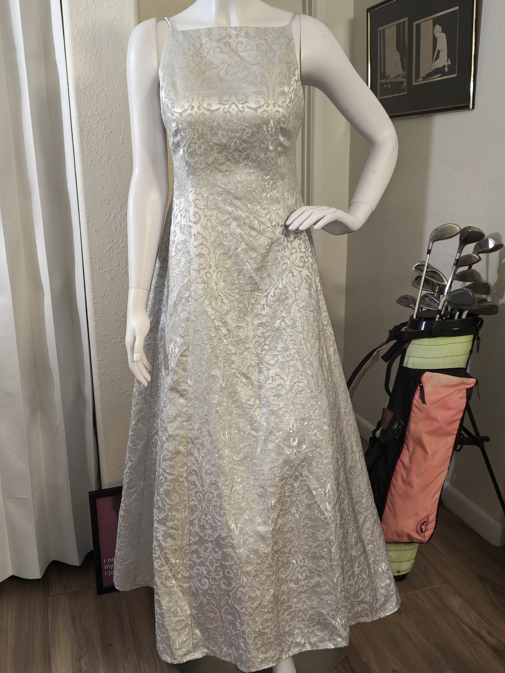 Silver 90s Jacquard A-Line Evening Dress